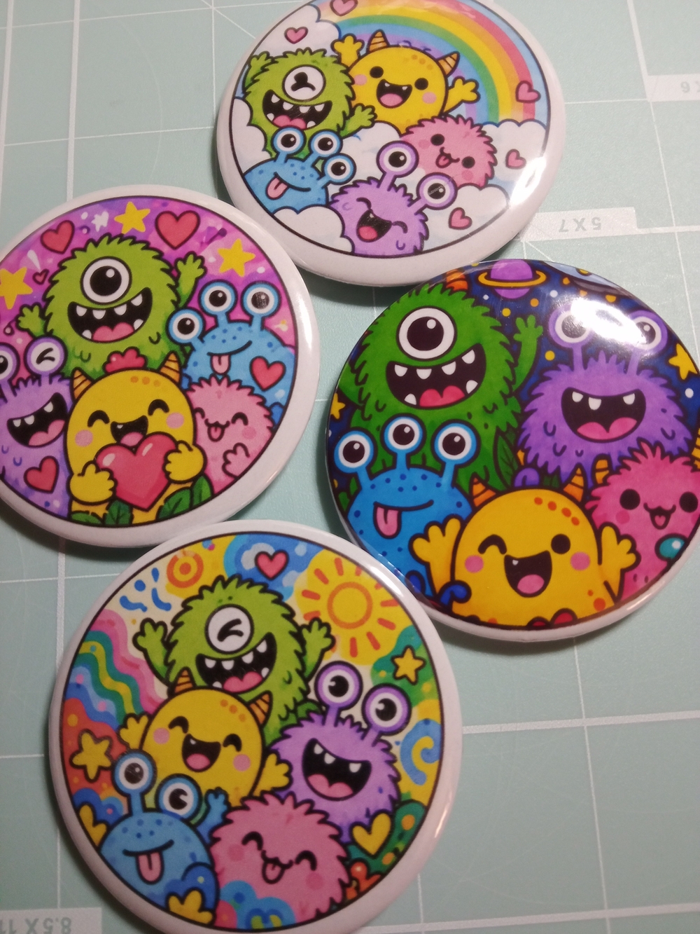 Colorful Monster Kids Pinback Buttons — Multi-Color Fun Pack